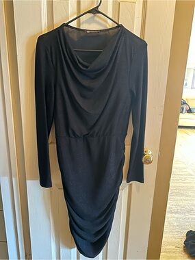 Sparkly Black Long-Sleeve Cowl Neck Mini Dress